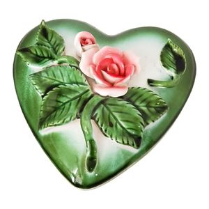 VTG Royal Sealy Japan Heart Trinket Dish Green Pink Roses CottageCore Decor